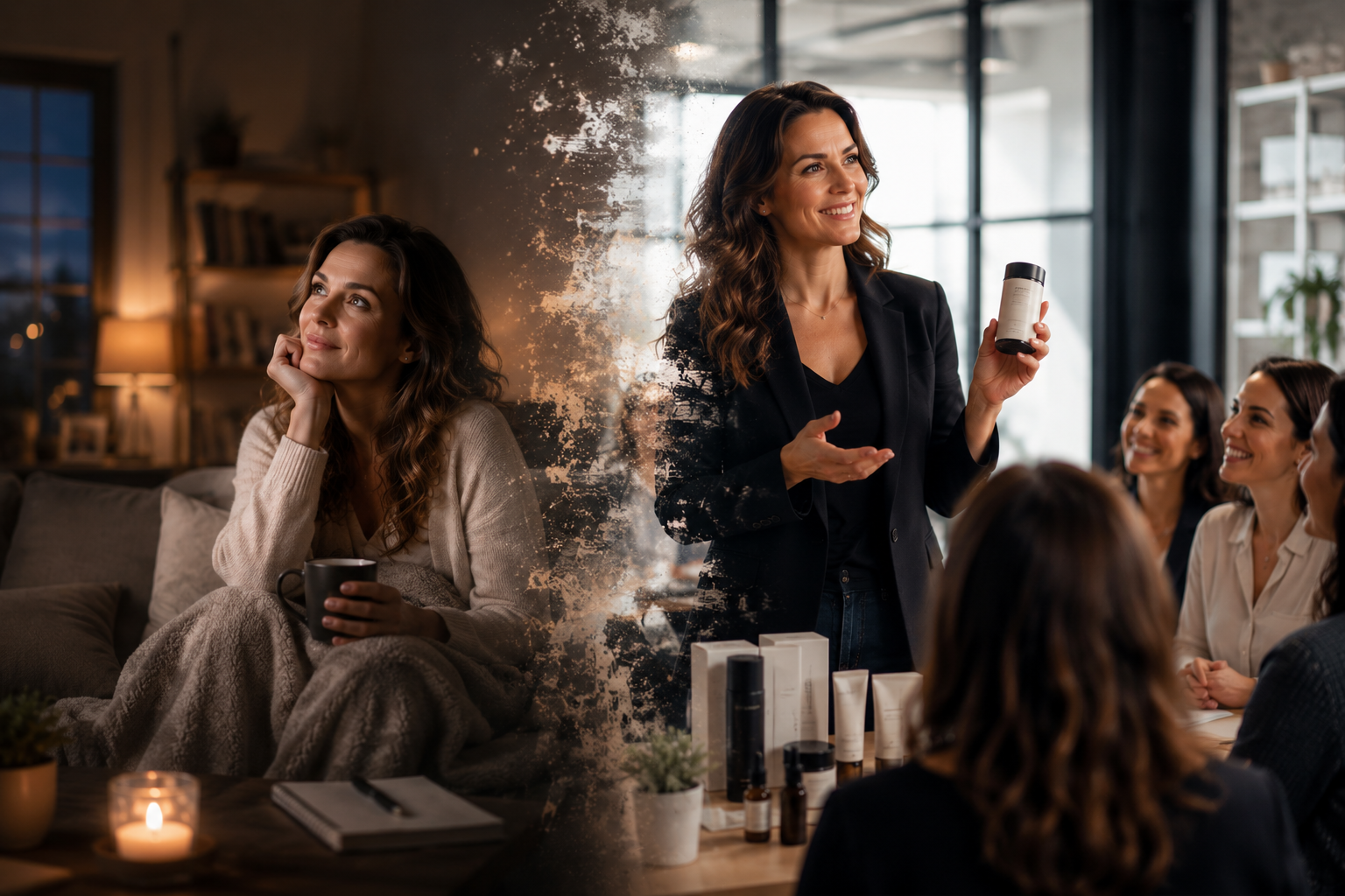 Entrepreneure chrétienne qui rêve de se lancer en affaires et se voit déjà active dans son entreprise avec ses clients (double exposition)