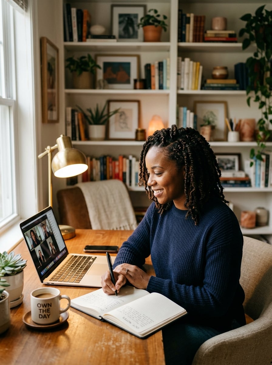 Entrepreneure chrétienne en vidéoconférence dans son bureau